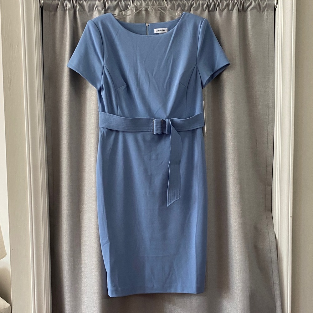 Calvin Klein Dusty Blue Belted Sheath Dress